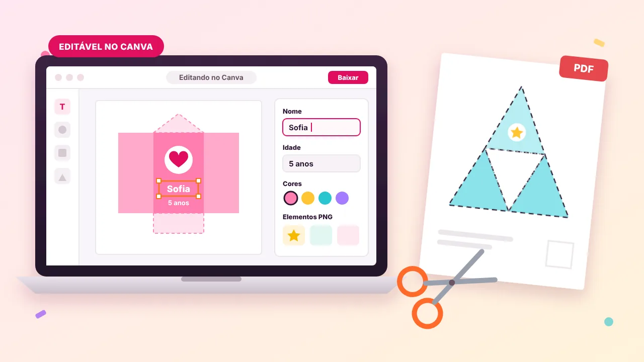 Modelo aberto para edição no Canva e molde em PDF impresso pronto para recortar