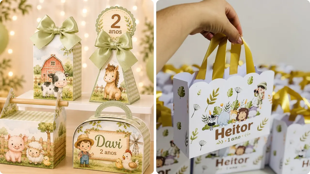 Caixinhas e bolsinhas personalizadas com tema fazendinha e safári