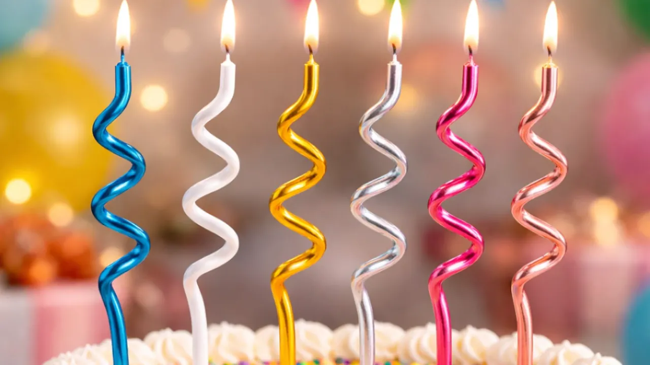 Velas metalizadas coloridas em espiral sobre um bolo de aniversário