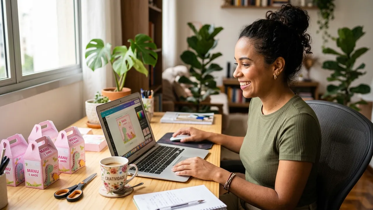 Mulher sorrindo enquanto edita um modelo de caixa personalizada no notebook