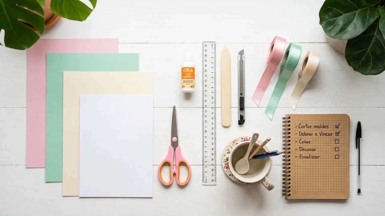 Materiais de papelaria sobre a mesa: papéis coloridos, cola, tesoura, régua, vincador, estilete e fitas