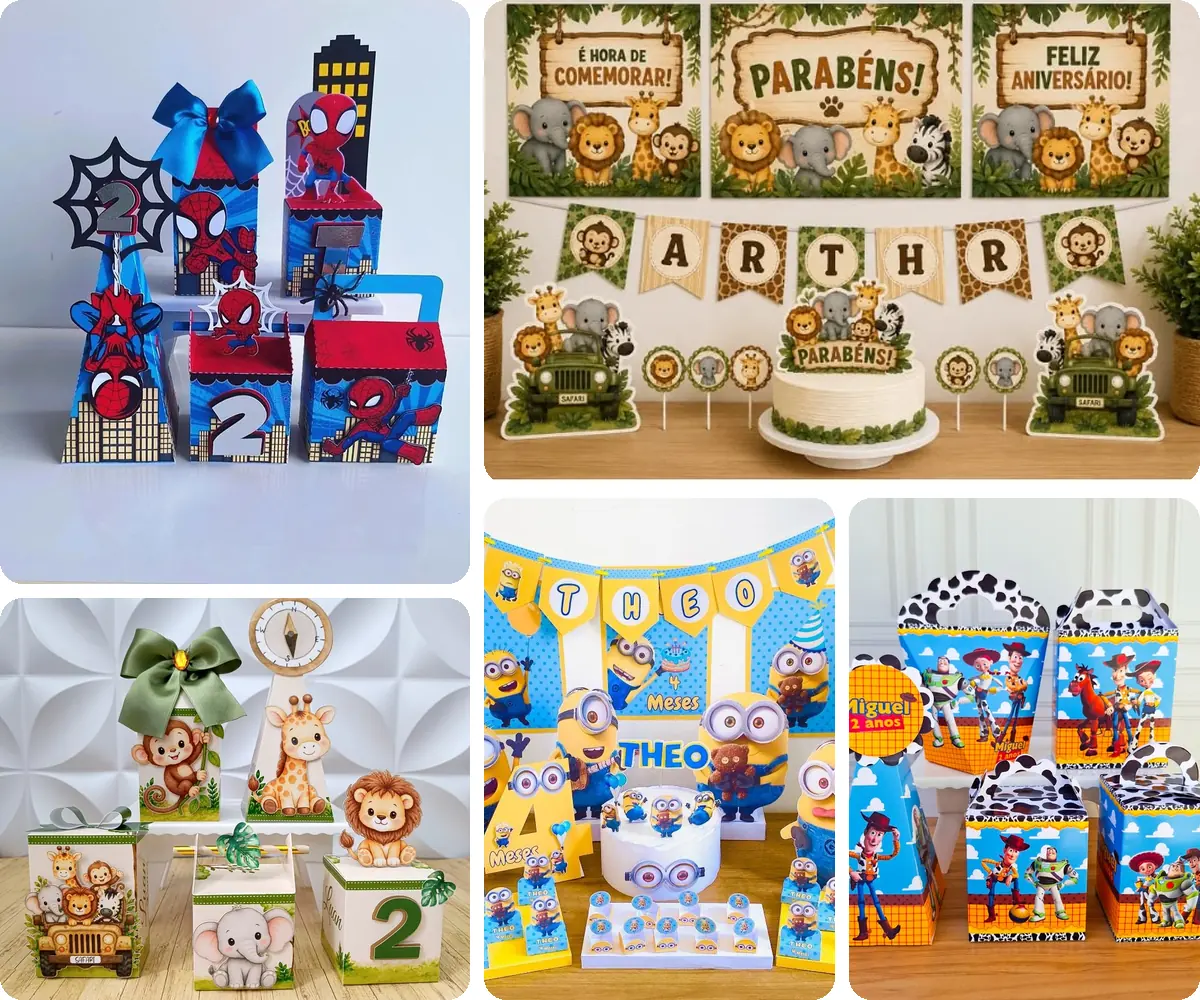 Montagem de personalizados de festa: caixas, pirâmides, topos de bolo, painéis e lembrancinhas em vários temas